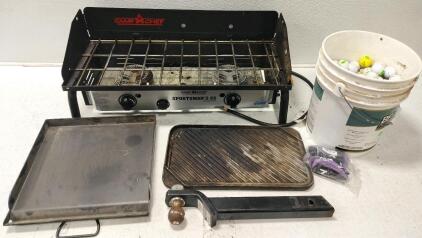 Camp Chef Sportsman's 2X Two-Burner Stove, assorted golf Balls, Hidden Hitch