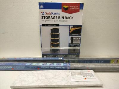 SafeRacks Storage Bin Rack, Koolspot outdoor sunshade, marble top