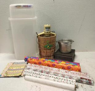 White Mountain Electric Ice Cream Maker, vintage aluminum Grundy bin, wrapping paper with storage container, pasta strainer