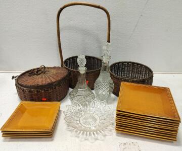 Anchor Hocking Wexford glass decanter with a stopper, Pier 1 Imports Plates, wicker baskets