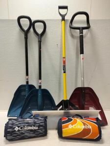 Suncast snow shovel, snow plow shovel, Columbia outdoor blankets