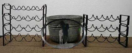 Stackable Wine Racks, Metal Bucket, and Metal Sculpture