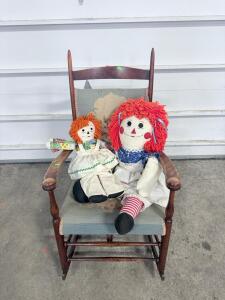 (2) Vintage Embroidered Rocking Chair & (2) Vintage Dolls