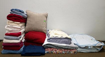 (8) Towels, (3) Blankets, (8) Doilies, and More