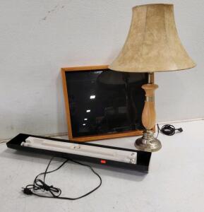 (1) Vintage Brass Table Lamp W/ Shade (1) Thin Display Case And More