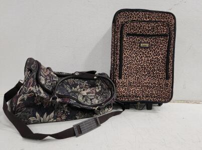 (1) Gloria Vanderbilt Floral Tapestry Travel Bag (1) Lucas Leopard Print Roll Luggage Bag