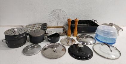 (1) Roasting Pan W/ Rack (1) Magnalite Pot (2) Magnalite Steamer Pots And More