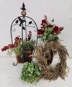 (1) Metal Bird Front Porch Artificial Plant Decor W/ Front Door Wreath And More