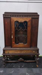 48"x 18"x 68" Antique Jacobean Revival Burl Walnut China Cabinet, likely from the 1920s