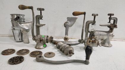 Assorted Vintage Meat Grinders And Hose Winder Box