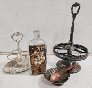 (1) Antique Lydia E. Pinkham&rsquo;s Vegetable Compound Glass Bottle W/ Original Label (1) Antique Silver Plated Decanter Stand And More
