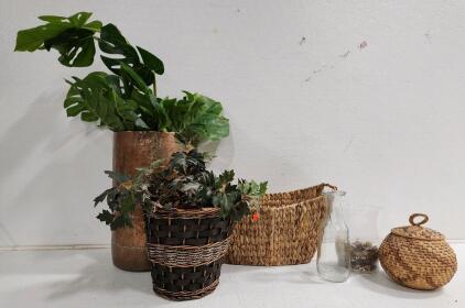 (3) Woven Baskets (2) Artifical Decor Plant Stems (2) Glass Vases