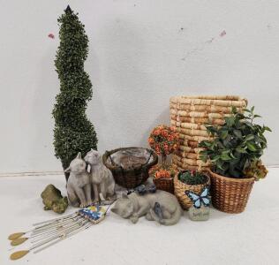 (4) Decorative Front Porch Cat Figurines (1) Butterfly Welcome Rock (1) Artifical Spiral Hedge Plant And More