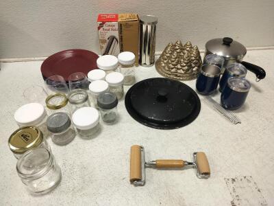 Nordic Ware Pine Forest Bundt Pan, Wine Tumblers, Bread Molds, plastic wine glasses, assorted canning jars, Fiesta Cinnabar dinner plates, Double Rolling Pin