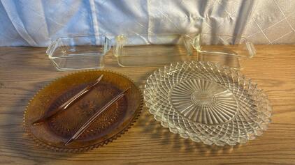 Assorted Dishes(1) Vintage Indiana Tiara Amber Glass Platter (1) Anchor Hocking WaterFord Waffle Platter (2)Fire King Casserole Dishes (1) Fire King Baking Dish