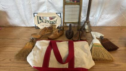 Assorted Vintage & Antique Items (4) Vintage Cobblers Shoe Forms (1) Antique Iron (1) Antique (1) Antique Washing Baby Rapid Washer & More ..