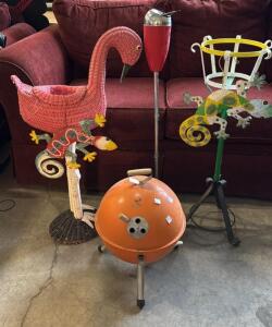 (1) Vintage Standing Ash Tray (1) Wicker Flamingo Plant Holder (1) Metal Plant Stand (2) Decorative Lizards (1) Little Charcoal Grill