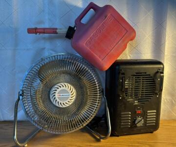 (1) 14&rdquo; Fan (1) Small Space Heater (1) 2Gallon Gas Can