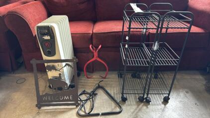 (1) Rolling Space Heater (1) Welcome Metal Sign (1) Dinner Triangle (1) Metal Tongs (2) Small Rolling Shelf&rsquo;s