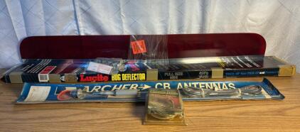 Assorted Vintage Truck Items (1) Dupont Licite Red Bug Deflector New In Box , (1) Archer CB Antenna New (2) Chrome Trim For Bug Deflector