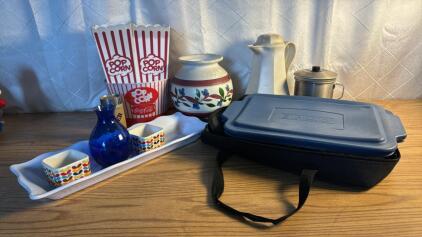 Assorted Kitchen Items (3) Pop Corn Buckets (1) Anchor Hooking Company Serving Dish and Carrying Bag and more