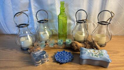 Assorted Home Decor (4) Battery Powered Lanterns (1) Drift Wood Candle Holder (1) Beautiful Vintage Green Bottle and more