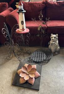 (1) Light House Bird Feeder (1) Raccoon Statue (6) Plant Stands (1) Wire Lizard (1) Metal Flower Wall Decor