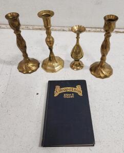 (1) A Heap O Living by Edgar A. Guest (4) Brass Candle Holders