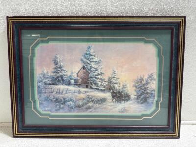 (1) Framed Art Print Titled &ldquo;Horse Drawn Sleigh Ride" by artist Lee K. Parkinson