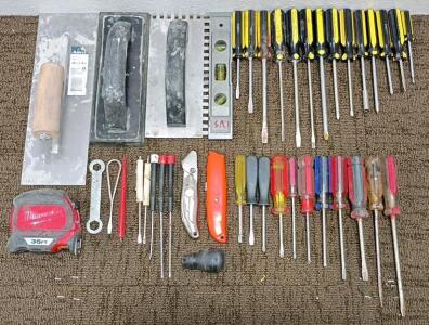 (3) Trowels, (28) Screwdrivers, Tape Measure, and More