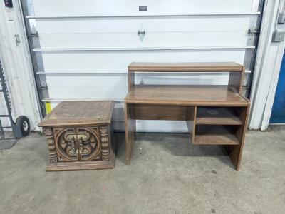(1) Brown Wooden Desk & (1) Brown Wooden Side Table