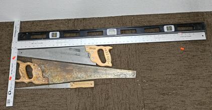(3) Saws, Drywall T-Square, and (48") Magnetic Level