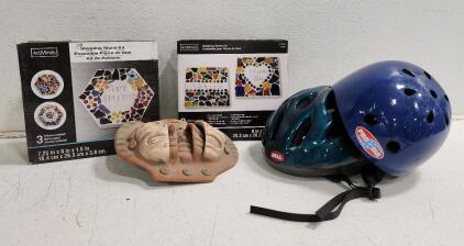 (1) Vintage Mayan Clay Mask Replica (2) Stepping Stone Kits (2) Biking Helmets