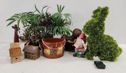 (1) Topiary Light Up Rabbit (1) Hand Painted Cat Bucket (2) Decorative Bird Houses And More