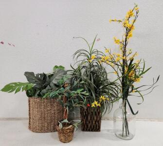 (1) Artificial Decorative Forsythia W/ Glass Vase (1) Small Artifical Decorative Olive Tree (1) Artificial Decorative Dragon Plant And More