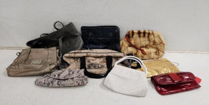 (1) Vintage Lumured Sequined White Tile Pull Apart Bag (1) Red Makeup Purse And More