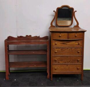 (1) 33&frac12;"x 22"x 71" Antique Quartersawn Tiger Oak Dresser Original Beveled Mirror Tallboy Bowfront & (1) 42"x 12&frac12;"x 41" Wave Accented Wooden Hanging Plate Shelf/Rack