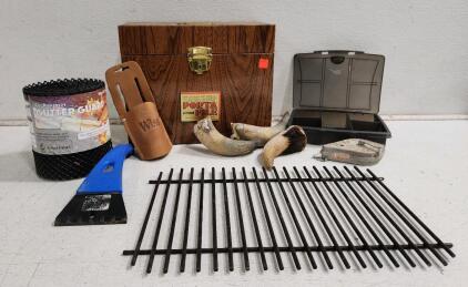 (1) Vintage Personal Portafile Storage Box (3) Cow Horns (1) Wiss Leather Tool Pouch And More