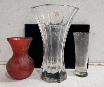 (1) Full Lead Crystal Vase (1) Heavy Base Glass Vase (1) Red Murano Glass Vase