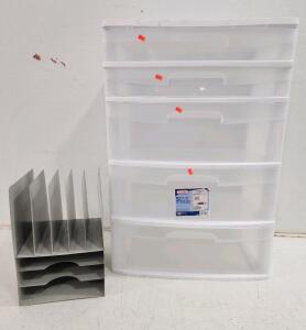 (1) White 5 Drawer Tower (1) 5 Slot Desktop Paper Organizer W/ Three Tier Slots