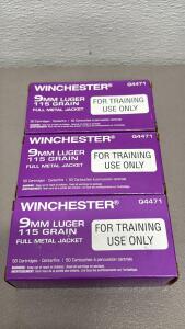 (3) Boxes Of 50 Winchester 9mm Luger 115GR. FMJ