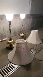 (2) Vintage Brass Lamps with Milk Glass And Two Lamp Shades