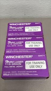 (3) Boxes Of 50 Winchester 9mm Luger 115GR. FMJ