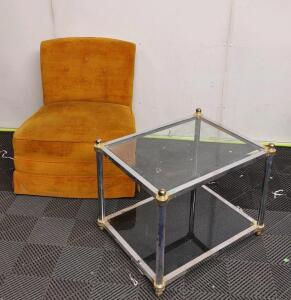 (1) 1970s Maison Jansen Style Dia Chrome, Brass and Glass Side or Coffee Table & (1) Vintage (Orange Yellow) Upholstered Cushioned Chair