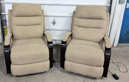 (2) Tan Fabric & Brown Wood Swivel Glider Recliners