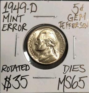 1949-D MS65 Mint Error Gem Jefferson Nickel
