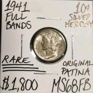1941 MS68FN Rare Full Bands Silver Patina Dime