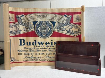 (1) Large Vintage Budweiser Poster & (1) Wooden & Glass Display Shelf