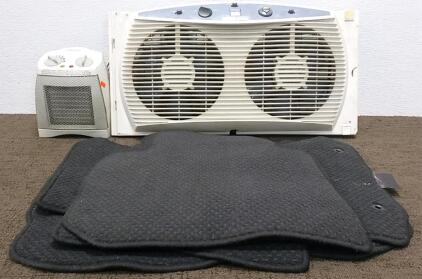 Window Fan, Space Heater, and Floor Mats