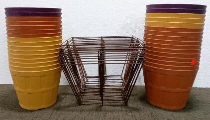 (32) Plastic Planters and (9) Wire Planter Frames